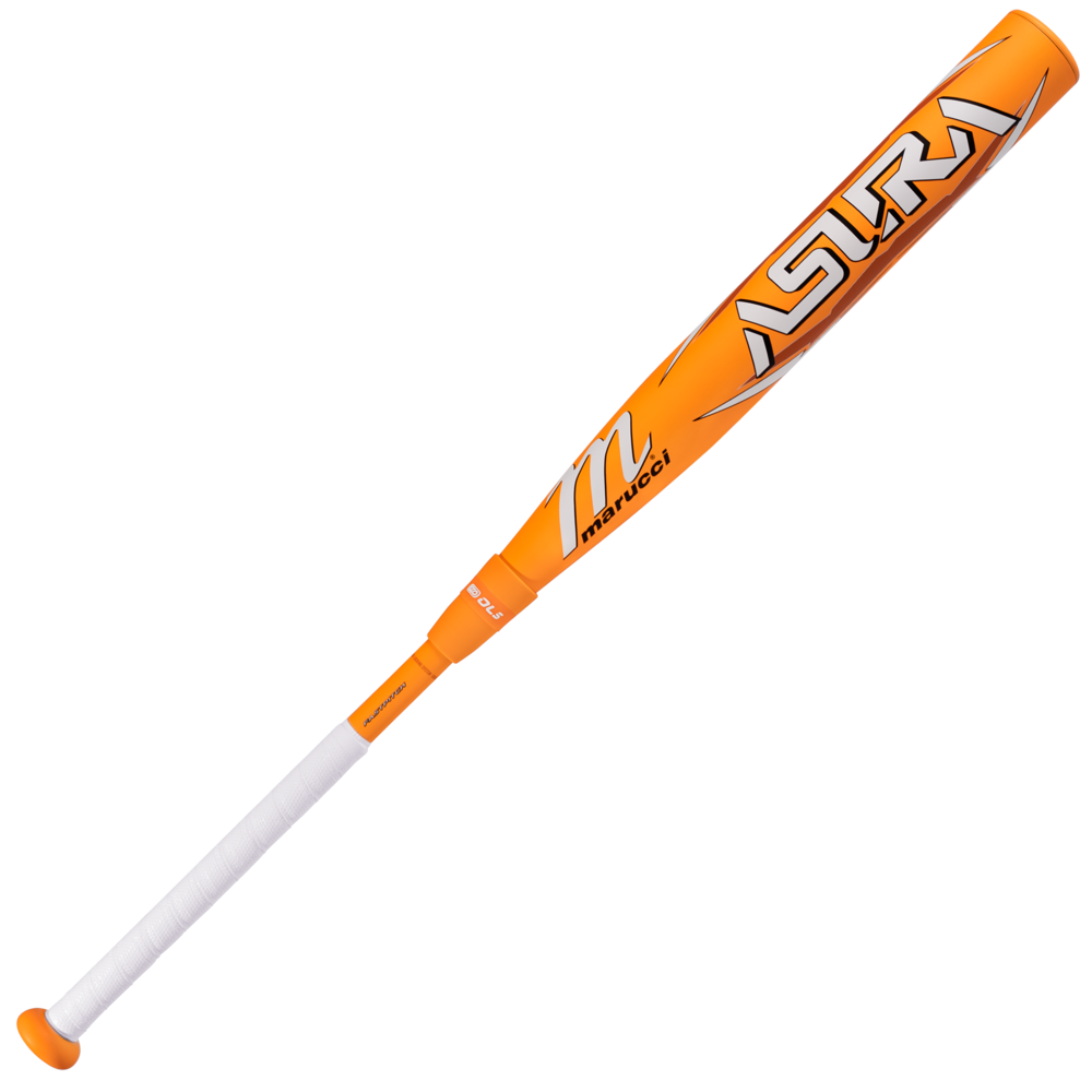 A Marucci 2025 ASURA Glow Citrus Spark (-11) Fastpitch Softball Bat with white grip tape and silver accents is shown on a white background. The barrel displays "ASURA" in bold lettering.