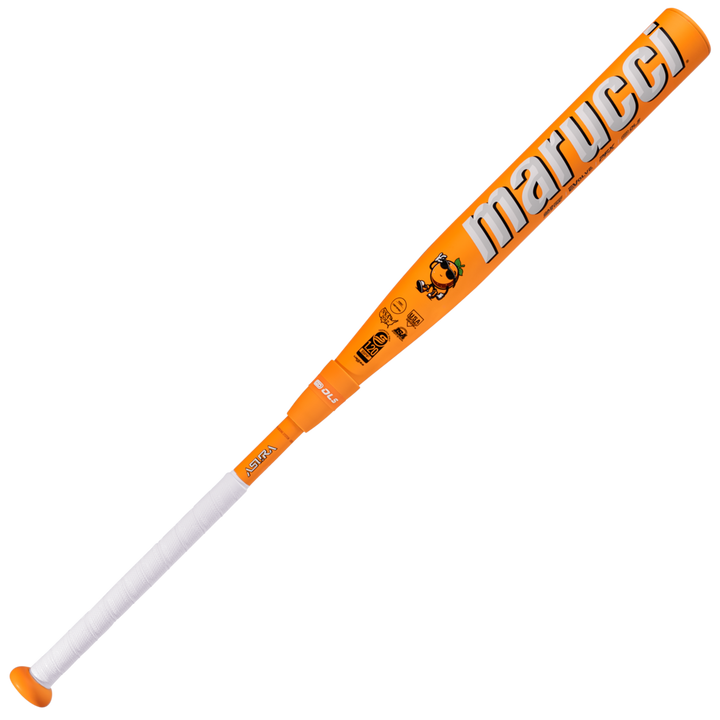 The 2025 Marucci ASURA Glow Citrus Spark (-11) Fastpitch Softball Bat (MFPAS11O) features an orange design, white grip tape, black and white logos, an orange knob, and EVolve Composite Technology for top performance.