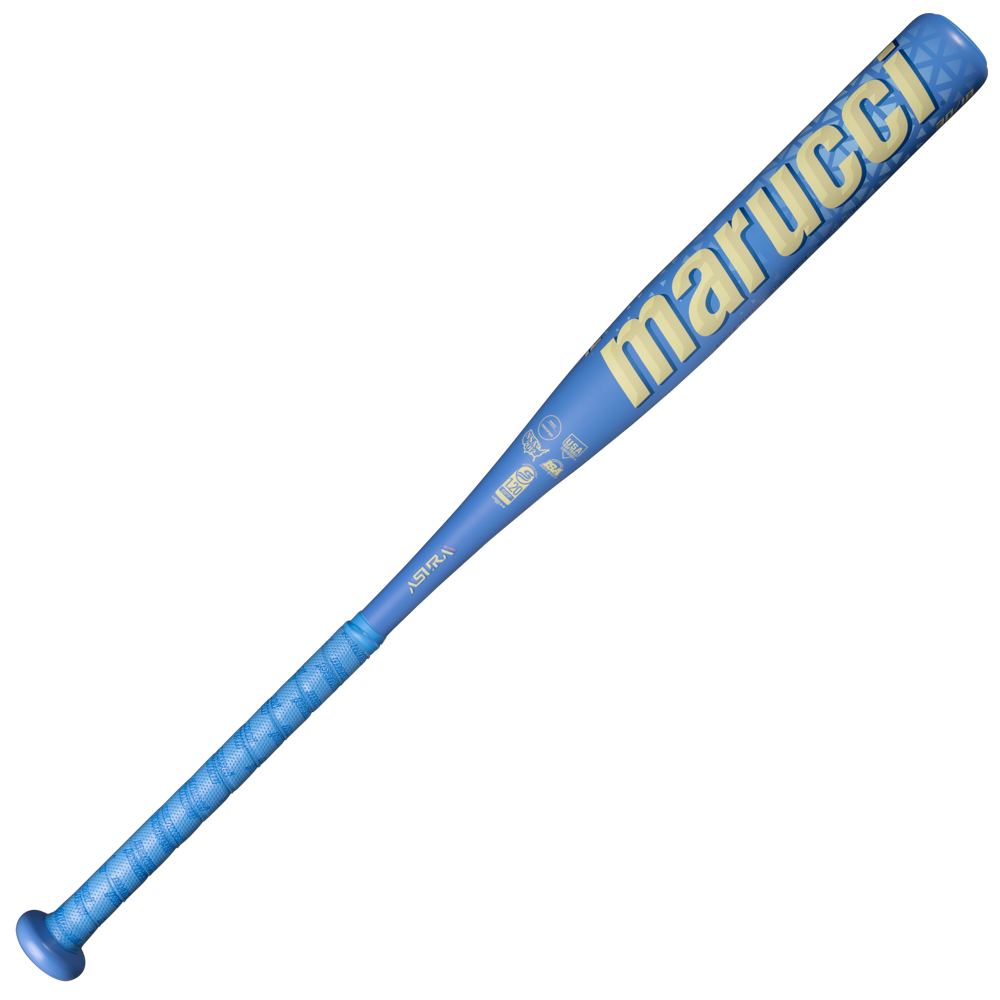 A blue Marucci 2027 ASURA Rise Alloy (-12) Fastpitch Softball Bat with yellow lettering and a textured grip, featuring a balanced barrel, is shown on a white background.