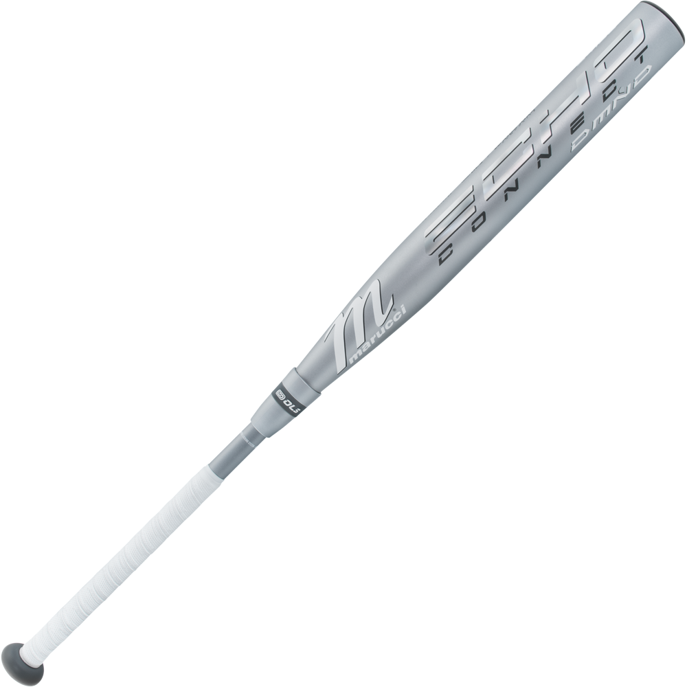A silver 2025 Marucci Echo Connect DMND2 (-9) Fastpitch Softball Bat with white grip tape, shown angled on a plain white background, delivers top-tier performance like Marucciโs other popular two-piece composite bats.