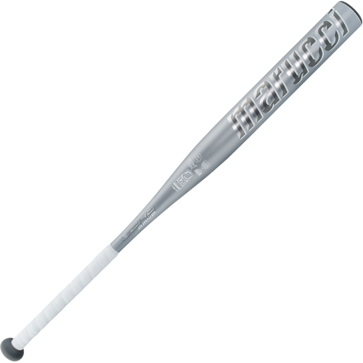 The 2025 Marucci Echo DMND2 (-10) Fastpitch Softball Bat (MFPED210) features a silver design, white grip, bold Marucci logo by the barrel, and a liquid-gel dampening knob, shown on a plain light background.