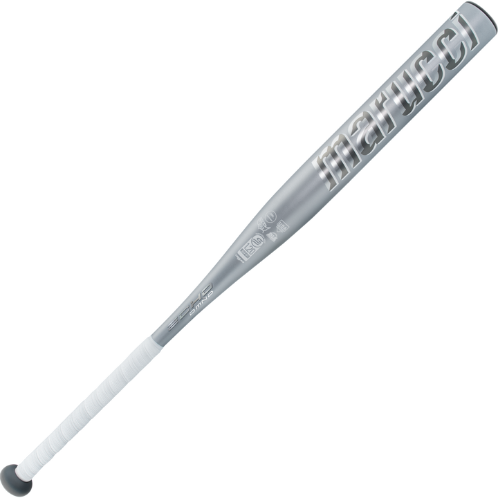The 2025 Marucci Echo DMND2 (-11) Fastpitch Softball Bat: MFPED211, a silver one-piece composite bat with white grip tape, is displayed on a light gray background and features the Marucci logo near the barrel.