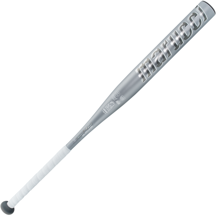 A 2025 Marucci Echo DMND2 (-9) Fastpitch Softball Bat (MFPED29) with a silver barrel, white grip tape, and liquid-gel knob is shown on a light background. The Marucci brand is boldly printed on the one-piece composite barrel.