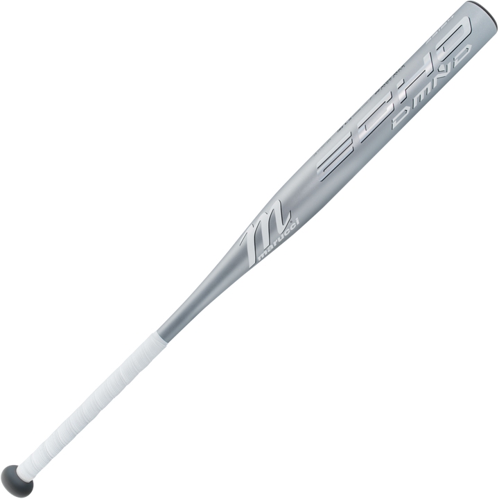 The 2025 Marucci Echo DMND2 (-9) Fastpitch Softball Bat (MFPED29) features a metallic silver finish, white grip, Marucci branding, and a comfortable liquid-gel knob to reduce vibration. Model name is displayed near the barrel.