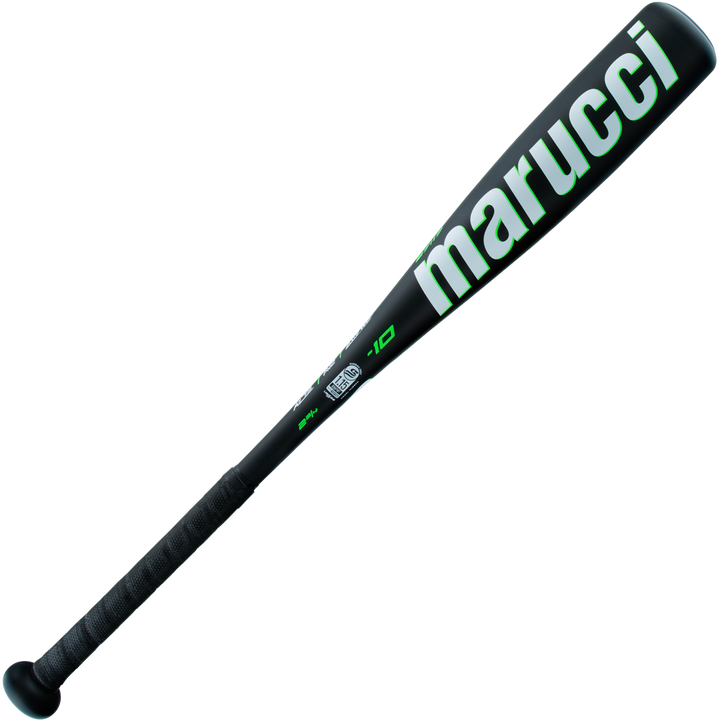 The 2025 Marucci Code JBB (-10) 2 3/4" USSSA Baseball Bat (MJBBCD) features a black design with green accents, an anti-vibration knob, a wrapped handle grip, and the -10 drop printed on the barrel.