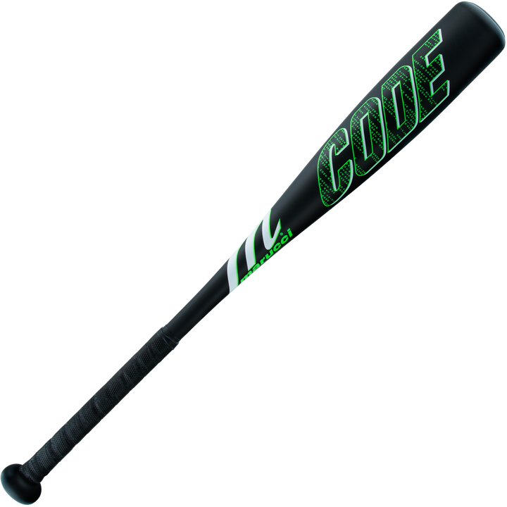 The 2025 Marucci Code JBB (-10) USSSA Baseball Bat features a black barrel with bold green “CODE” lettering, a textured grip handle, anti-vibration knob, and striking green accents in the middle.