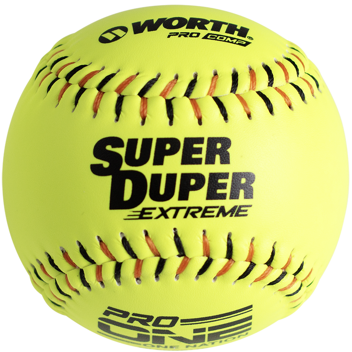 A vibrant yellow Worth One Nation Super Duper Extreme 12" 44/375 composite slowpitch softball features black and orange stitching with "WORTH PRO COMP," "SUPER DUPER EXTREME," and "PRO LINE" printed on its surface.