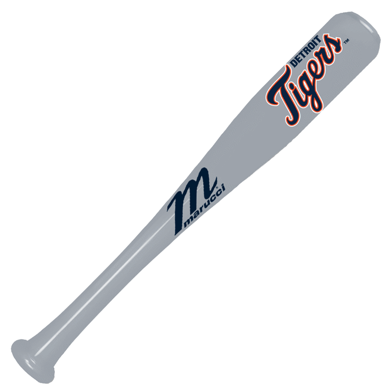 The Marucci Detroit Tigers Mini MLB Souvenir Bat (MMLBMMDET) is a gray mini bat branded with "Detroit Tigers" in orange and navy blue script plus the blue Marucci logo—ideal for fans and collectors.
