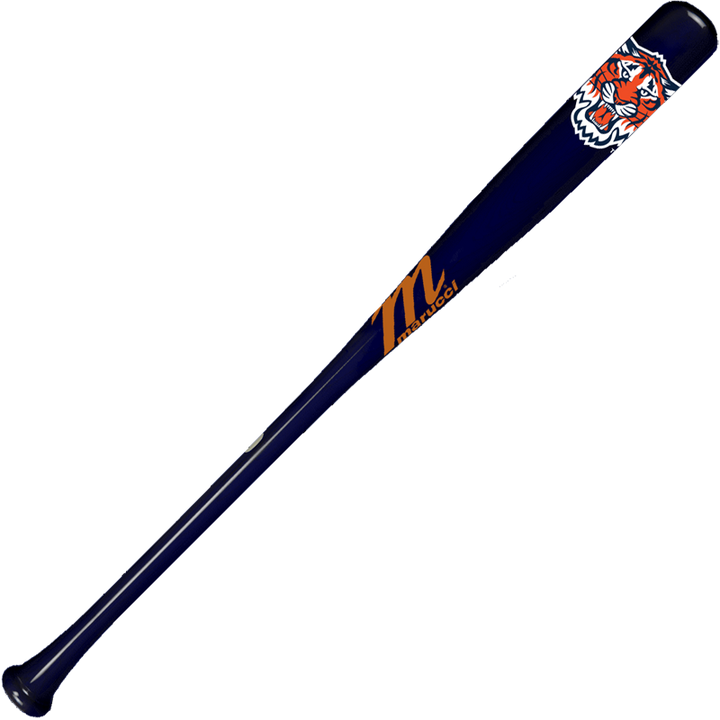 The Marucci Detroit Tigers MLB Souvenir Bat (MMLBSMDET) is a dark blue bat featuring an orange "M" logo and a tiger head graphic near the top end.