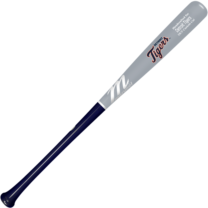 The Marucci Detroit Tigers MLB Souvenir Bat (MMLBSMDET) features a handcrafted design with a dark blue handle, gray barrel, "Tigers" and "M" text—an ideal keepsake for any Detroit Tigers fan.