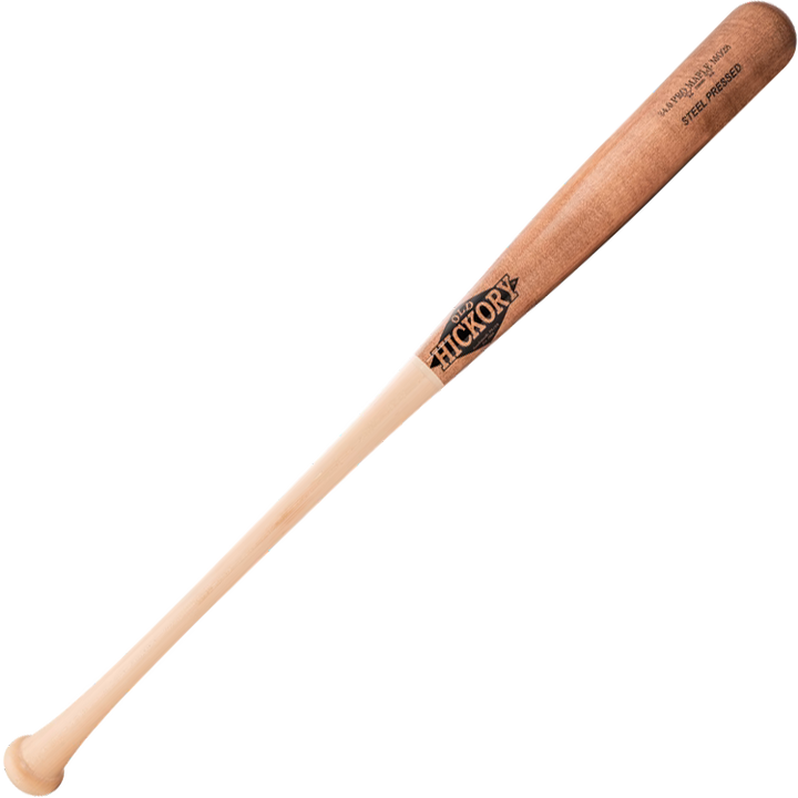 The Old Hickory Matt Olson MO28 Steel Pressed Maple Wood Bat features a light handle, dark barrel, and brand markings near the end. Displayed on a plain light background, it includes a 45-day warranty.