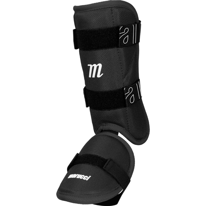 Marucci Batter's Leg Guard (MPLG4) by Marucci, a black adjustable shin and instep protector with removable foot cap, Velcro straps, and white branding for sports or martial arts use, shown on a plain white background.
