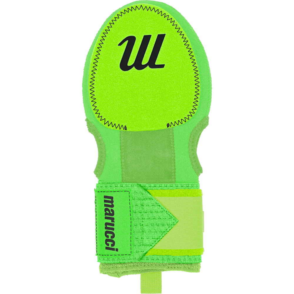 The Marucci Sliding Mitt: MPSLDMITT is a bright green, adjustable neoprene mitt with reinforced stitching, featuring black âMarucciâ branding on the strap and a bold black âWâ on the padded surface for secure hand protection.