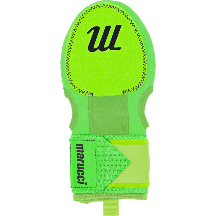 The Marucci Sliding Mitt: MPSLDMITT is a bright green, adjustable neoprene mitt with reinforced stitching, featuring black âMarucciâ branding on the strap and a bold black âWâ on the padded surface for secure hand protection.