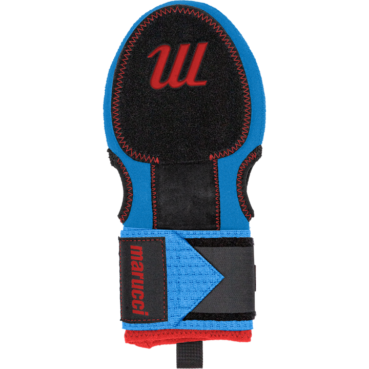The Marucci Sliding Mitt: MPSLDMITT is a blue and black wrist guard with red stitching and logo, made from compression-fit neoprene for hand protection, plus a black adjustable strap and Velcro closure.