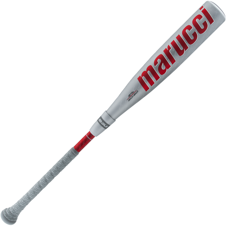 The 2025 Marucci CATX2 Composite (-10) USA Baseball Bat features a silver design with a red Marucci logo, gray grip tape, and Anti-Vibration Technology, shown on a white background.