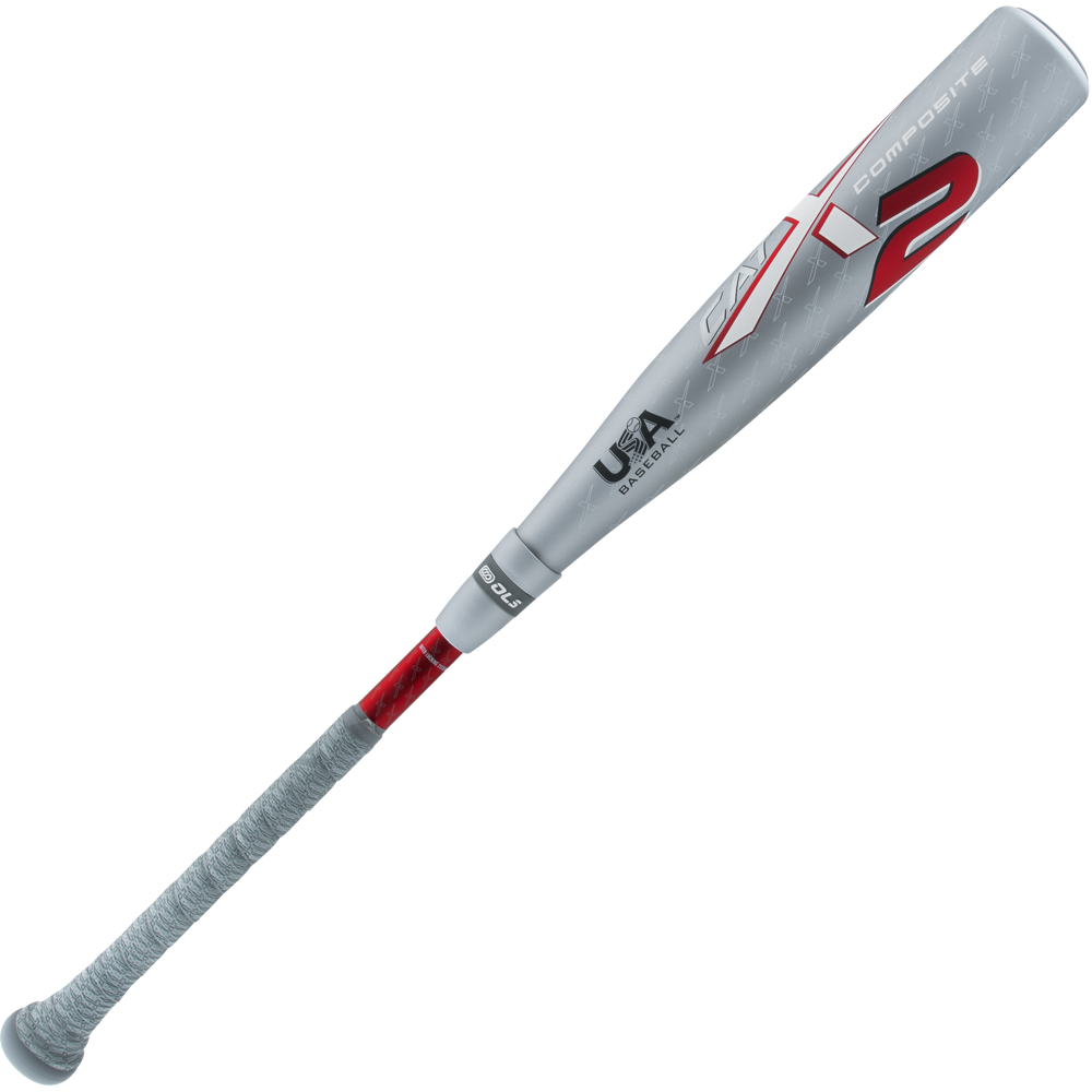The 2025 Marucci CATX2 Composite (-10) 2 5/8" USA Baseball Bat (MSBCCPX210USA) features a gray and red design, a wrapped handle, Anti-Vibration Technology, and displays the USA Baseball certification logo near the barrel's top.