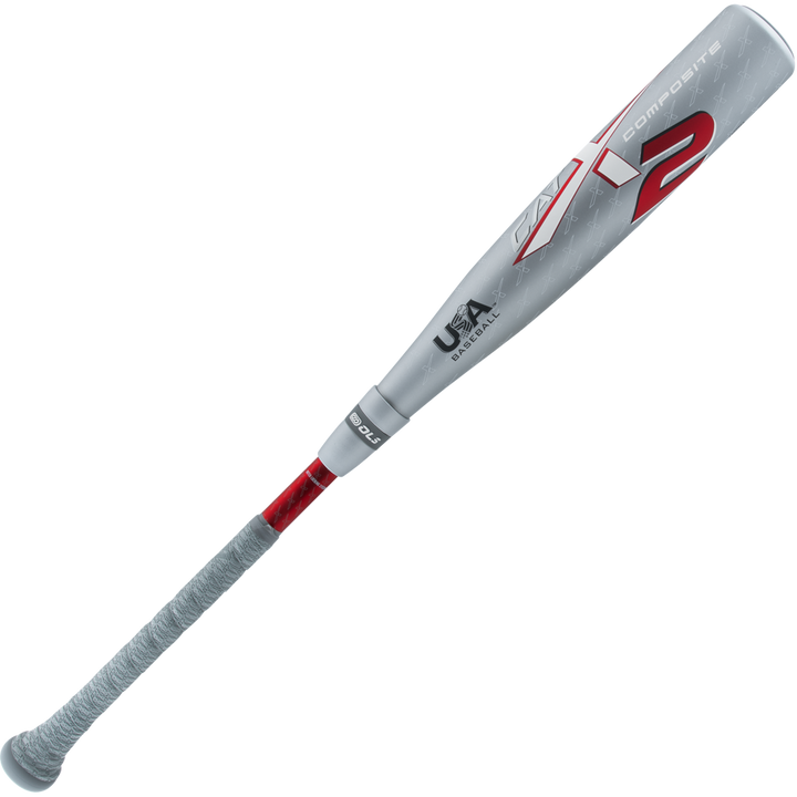 The 2025 Marucci CATX2 Composite (-10) 2 5/8" USA Baseball Bat (MSBCCPX210USA) features a gray and red design, a wrapped handle, Anti-Vibration Technology, and displays the USA Baseball certification logo near the barrel's top.