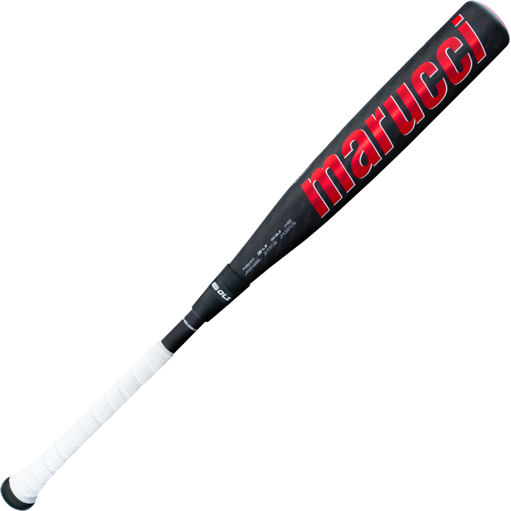 The 2025 Marucci CATX2 Composite (-10) 2 3/4" USSSA Baseball Bat (MSBCCPX210) features a two-piece composite design in black with bold red lettering and a white textured grip, shown against a plain light background.