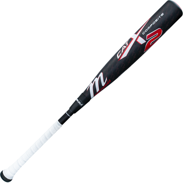 A 2025 Marucci CATX2 Composite (-10) 2 3/4" USSSA Baseball Bat (MSBCCPX210), black and red with a white grip and MDX Max composite barrel, is shown on a plain white background.
