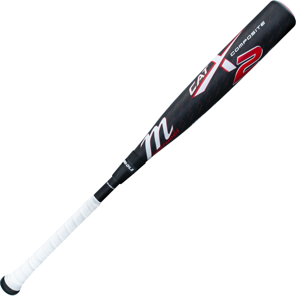 The 2025 Marucci CATX2 Composite (-8) USSSA Bat (MSBCCPX28) is a black and red, two-piece composite bat with a white grip, multi-directional barrel, bold branding, and the number 2 near the endcap.