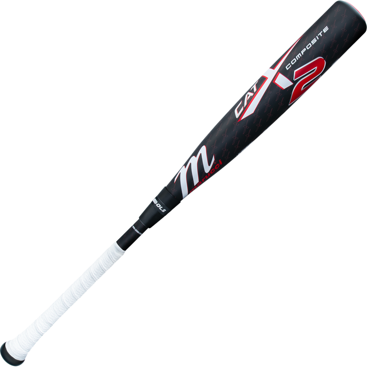 The 2025 Marucci CATX2 Composite (-8) USSSA Bat (MSBCCPX28) is a black and red, two-piece composite bat with a white grip, multi-directional barrel, bold branding, and the number 2 near the endcap.