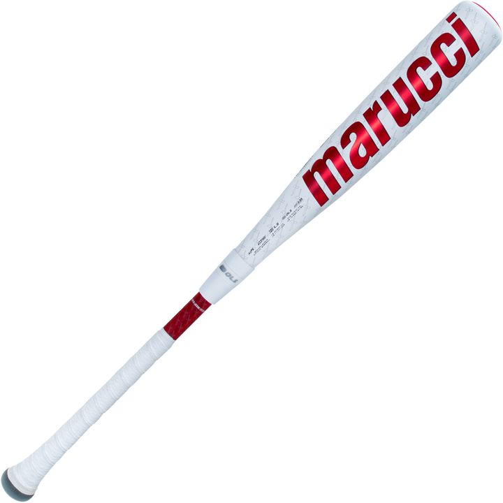 The 2025 Marucci CATX2 Connect (-10) 2 3/4" USSSA Baseball Bat (MSBCCX210) features a white design with red accents, white grip tape, bold red Marucci logo on the barrel, and anti-vibration tech for comfortable swings.