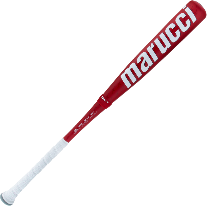 The 2025 Marucci CATX2 Connect (-5) 2 5/8" USA Baseball Bat (MSBCCX25USA) features a red design with white lettering and grip, two-piece hybrid construction, and is shown on a light background.