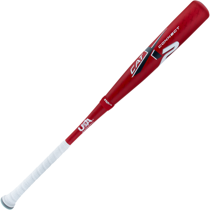 The 2025 Marucci CATX2 Connect (-5) 2 5/8" USA Baseball Bat (MSBCCX25USA) features red and white colors, CAT and USA Baseball logos, white grip, black/silver barrel accents, anti-vibration tech, and two-piece hybrid design.