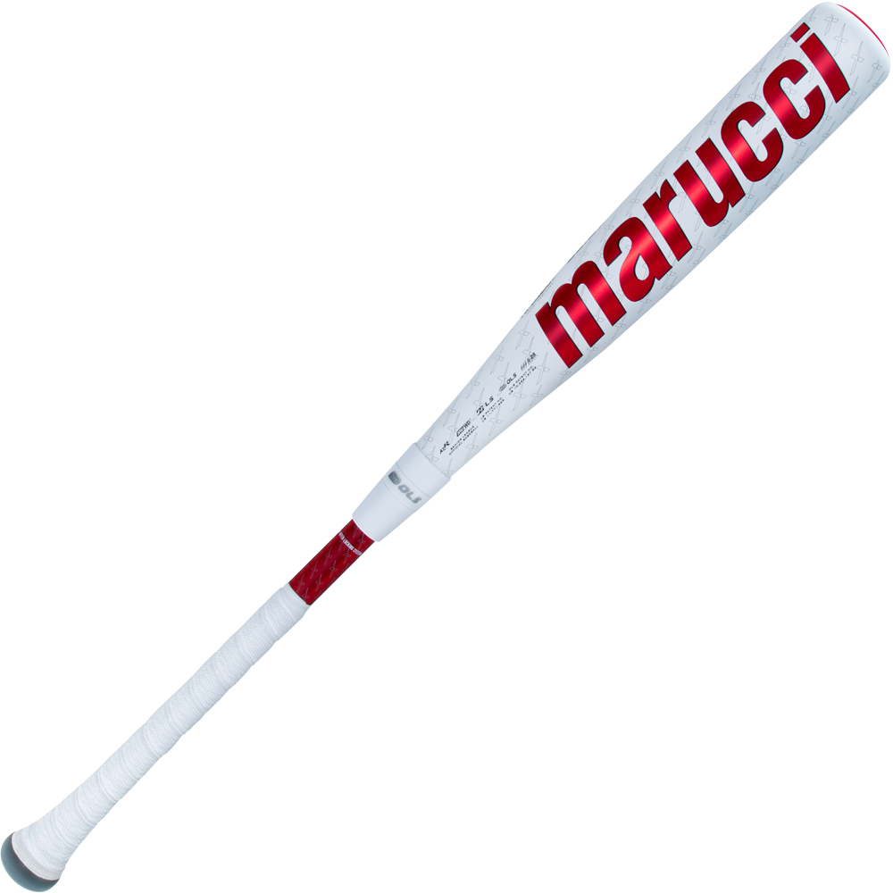 The 2025 Marucci CATX2 Connect (-8) 2 3/4" USSSA Baseball Bat (MSBCCX28), in white with red Marucci branding and a wrapped handle, is angled on a white background, highlighting its anti-vibration technology.