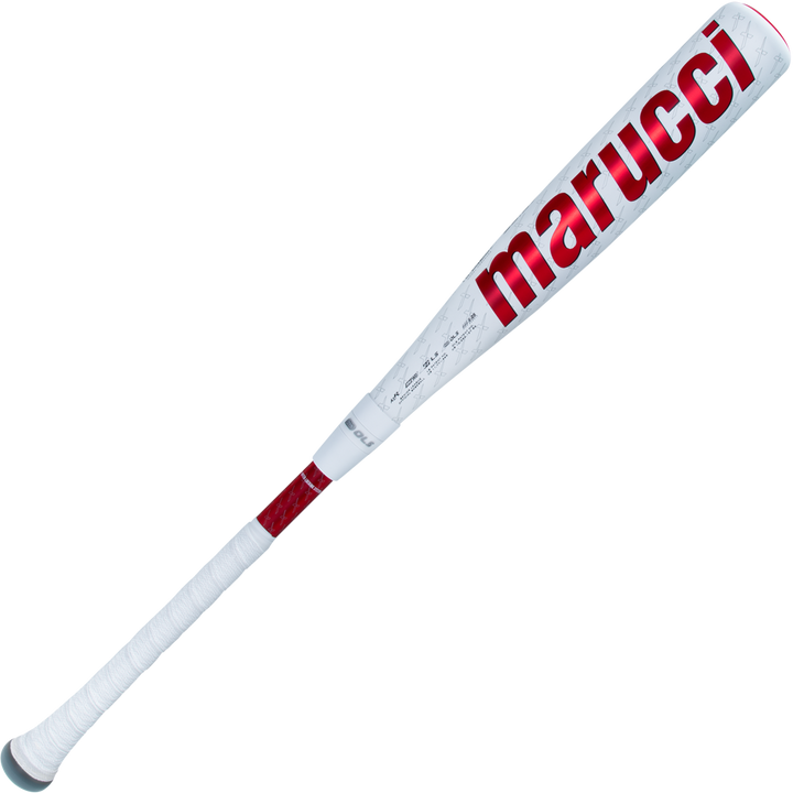 The 2025 Marucci CATX2 Connect (-8) 2 3/4" USSSA Baseball Bat (MSBCCX28), in white with red Marucci branding and a wrapped handle, is angled on a white background, highlighting its anti-vibration technology.
