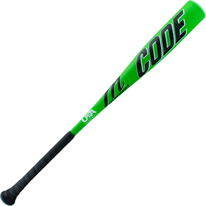 The 2025 Marucci Code (-10) 2 5/8" USA Baseball Bat (MSBCD10USA) features a bright green barrel with CODE in bold black letters, a black grip, and is crafted from durable AZ75 alloy by Marucci.