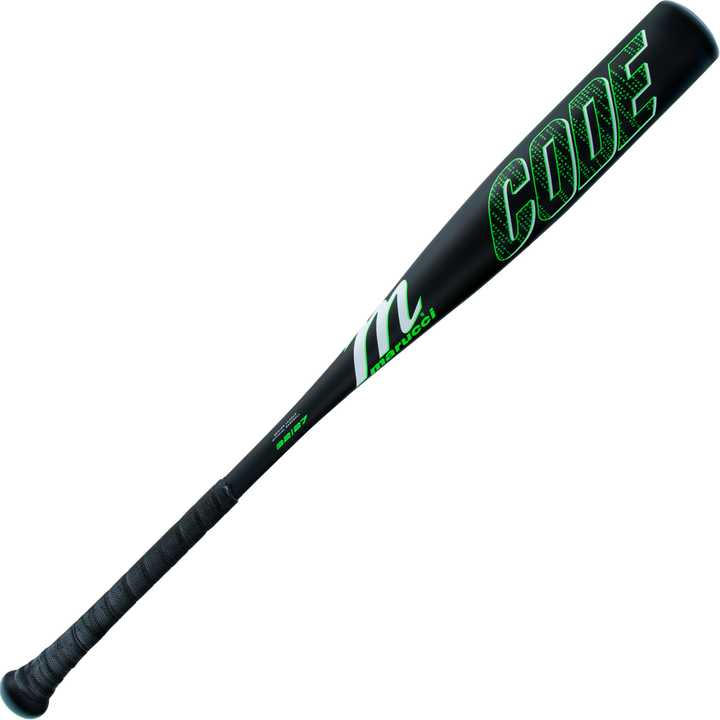 The 2025 Marucci Code (-5) 2 3/4" USSSA Baseball Bat (MSBCD5) features a black design with green CODE lettering, textured grip, durable AZ75 Alloy construction, and Marucci branding along the side for top performance.