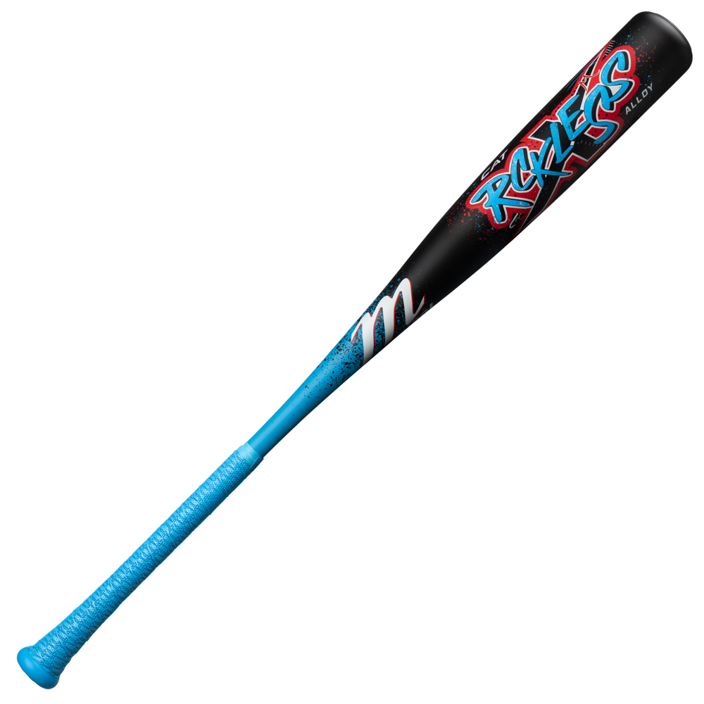 The 2026 Marucci CAT X RCKLESS (-5) USSSA Baseball Bat (MSBCR5) features a black alloy barrel with bold Rockers graffiti-style graphics in red, blue, and white, plus a vibrant blue handle wrapped in bright blue grip tape.