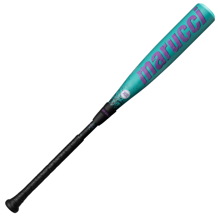 A turquoise Marucci 2026 CAT X RCKLESS Composite (-10) USA Baseball Bat with a composite barrel, black grip handle, and purple lettering is displayed against a plain white background.