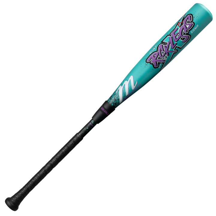 The Marucci CAT X RCKLESS Composite (-10) USA Baseball bat features a turquoise barrel with bold purple “RECKLESS” graffiti, a black grip, and a stylized "m" near the handle.