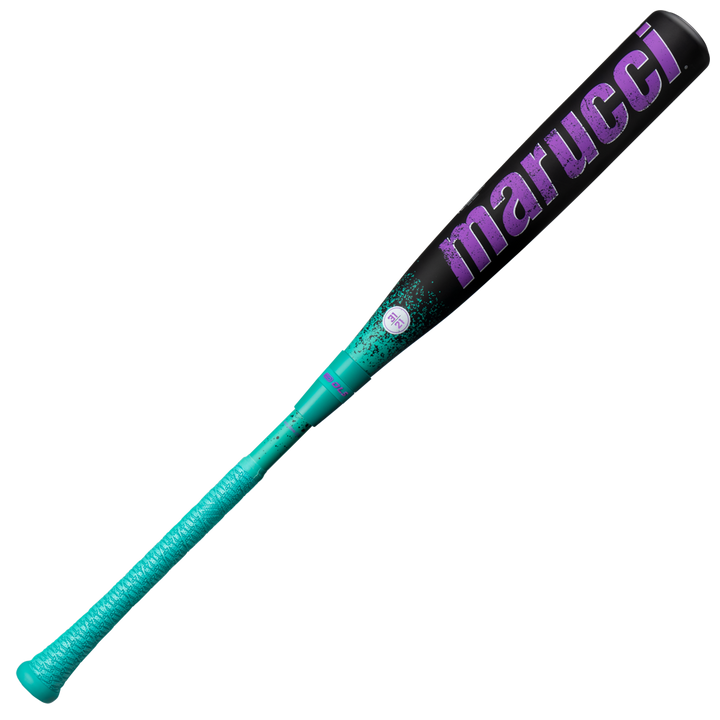 The 2026 Marucci CAT X RCKLESS (-10) USSSA baseball bat features a turquoise and black composite barrel, bold purple MARUCCI CAT X RCKLESS lettering, and a turquoise grip-wrapped handle.