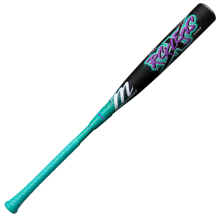 The 2026 Marucci CAT X RCKLESS Composite (-10) USSSA bat features a black and teal design, ROCKERS graffiti-style text, and a textured teal grip.