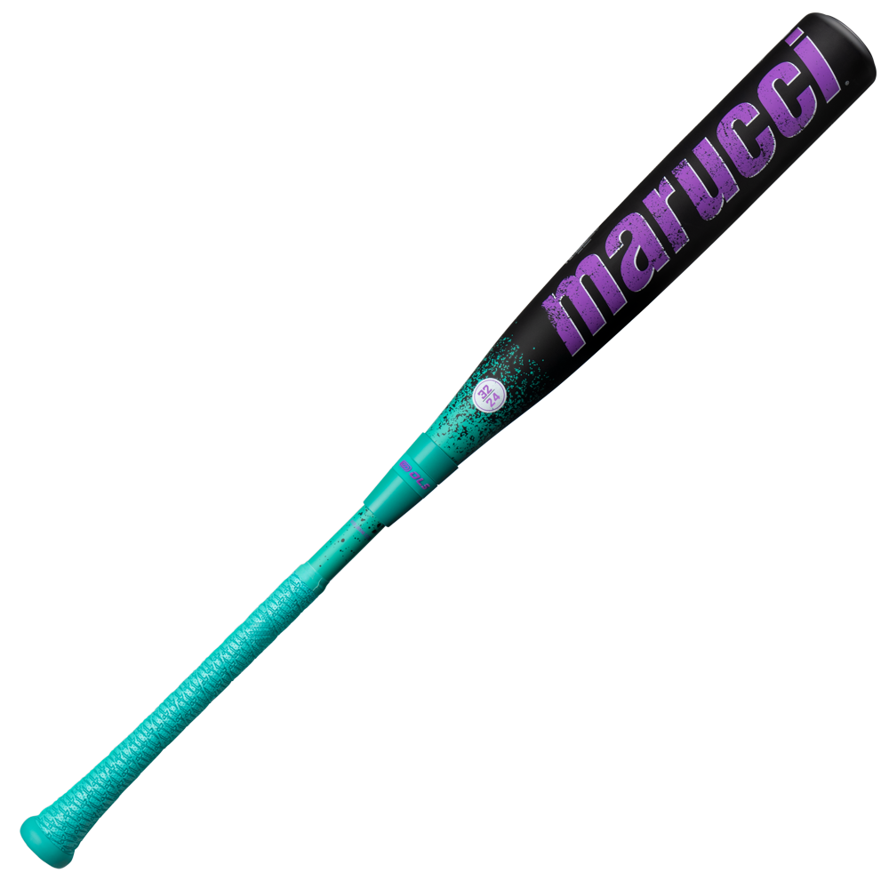The 2026 Marucci CAT X RCKLESS Composite (-8) USSSA Baseball Bat features a teal handle, black composite barrel with purple "marucci" lettering and teal accents, highlighting the bold style of the Marucci CAT X RCKLESS.