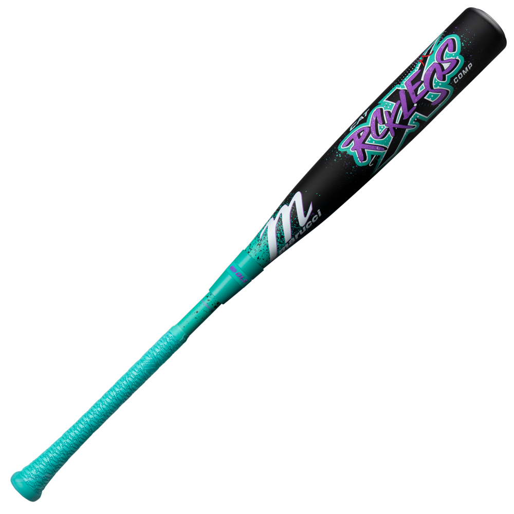 A black and teal 2026 Marucci CAT X RCKLESS Composite (-8) USSSA baseball bat features “Rockets” in vibrant graffiti lettering on the barrel and a teal grip handle.