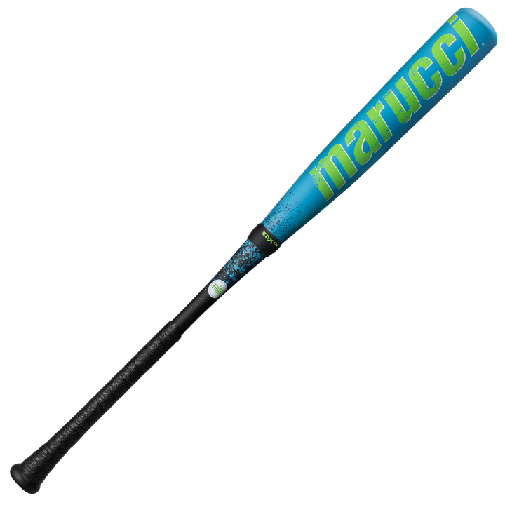 A 2026 Marucci CAT X RCKLESS Hybrid (-11) 2 5/8" USA Baseball Bat (MSBCRH11USA) with blue barrel, green lettering, and a black grip, shown on a plain white background.