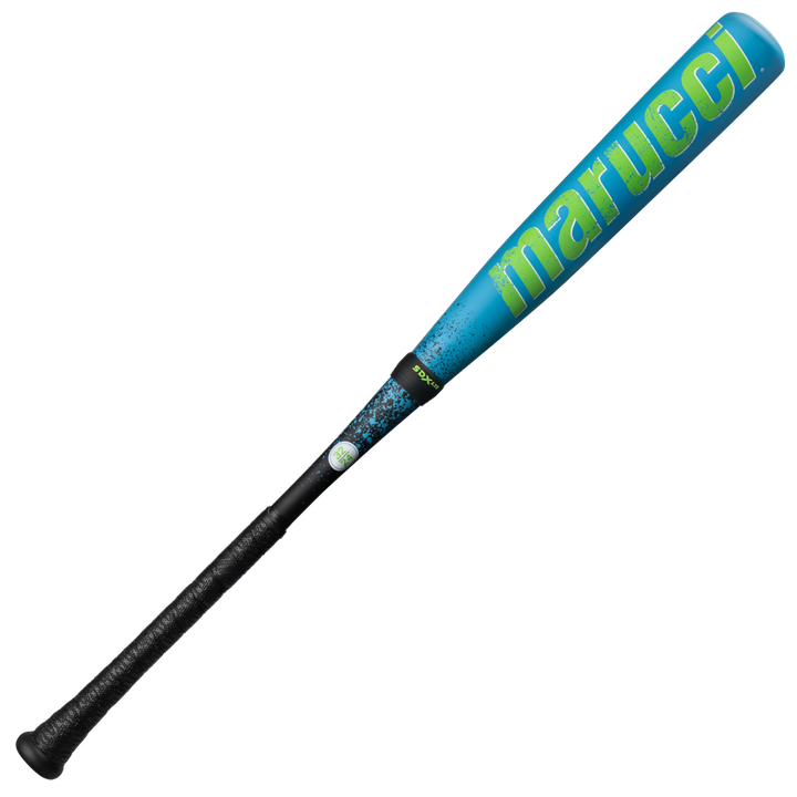 A blue 2026 Marucci CAT X RCKLESS Hybrid (-8) USA Baseball Bat (MSBCRH8USA) features neon green lettering, a black grip handle, and a slightly speckled barrel design.