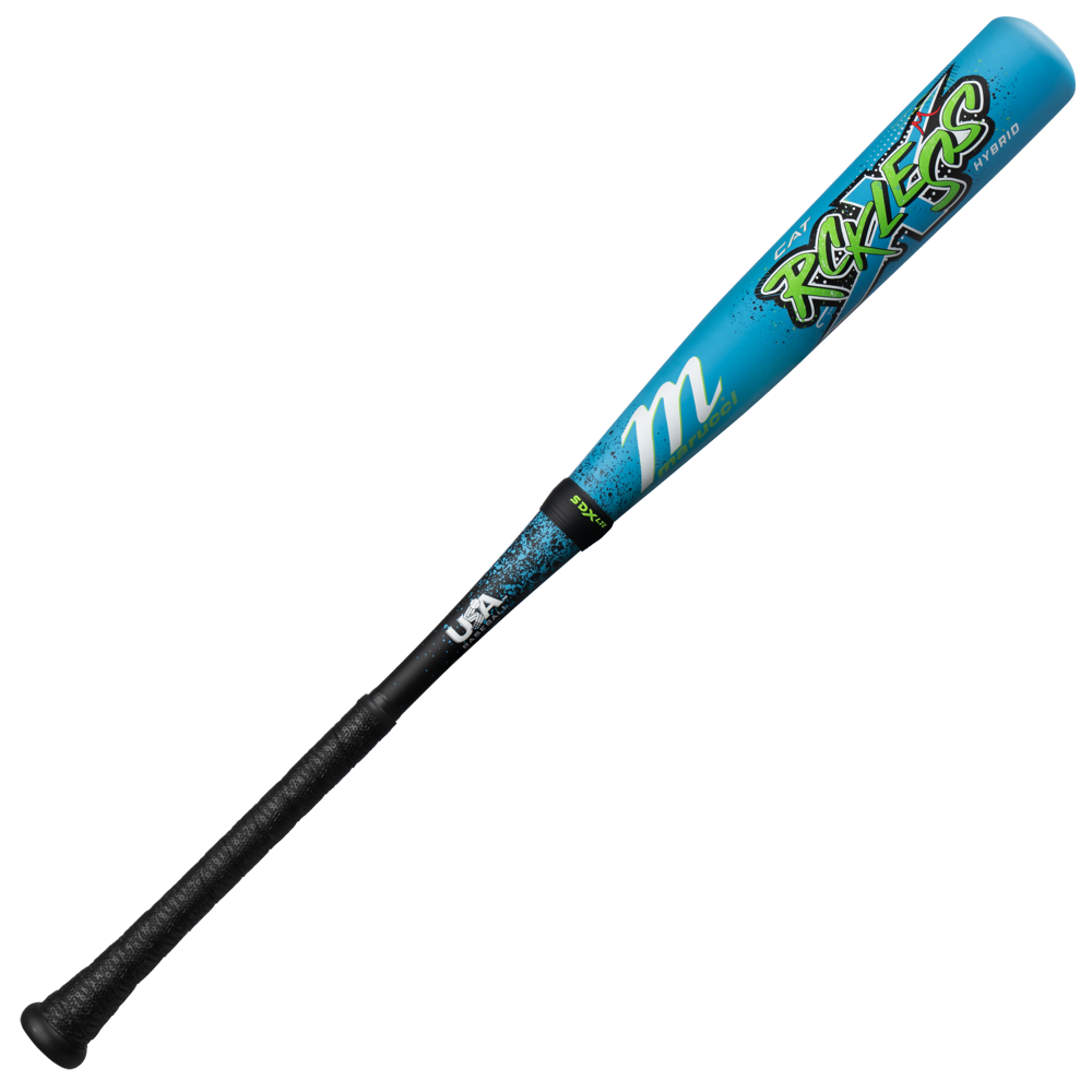 A blue 2026 Marucci CAT X RCKLESS Hybrid (-8) 2 5/8" USA Baseball Bat (MSBCRH8USA) with green text.