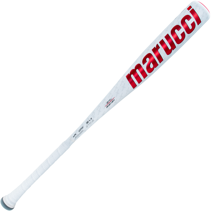 The 2025 Marucci CATX2 (-10) USSSA Baseball Bat (MSBCX210) features a white, one-piece alloy design with anti-vibration technology, a textured grip, and bold marucci branding in red along the barrel.