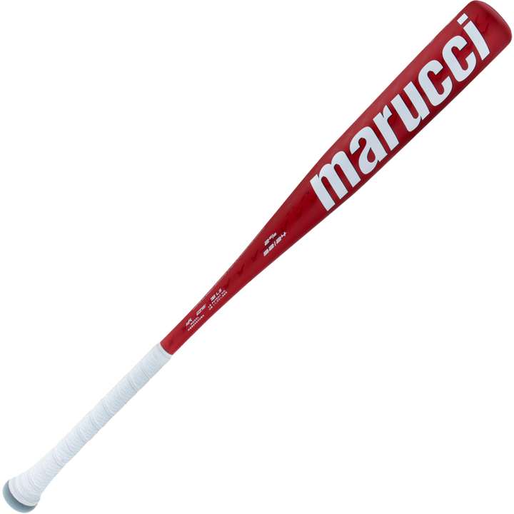 The 2025 Marucci CATX2 (-11) USA Baseball Bat features a red barrel, white handle, bold marucci branding, and Anti-Vibration Technology for comfort.