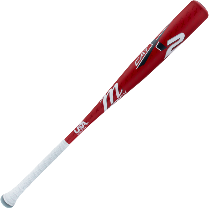 The 2025 Marucci CATX2 (-8) 2 5/8" USA Baseball Bat features a red and white design with a wrapped white handle, the Marucci logo, CATX2 branding, and a one-piece alloy build for top performance.