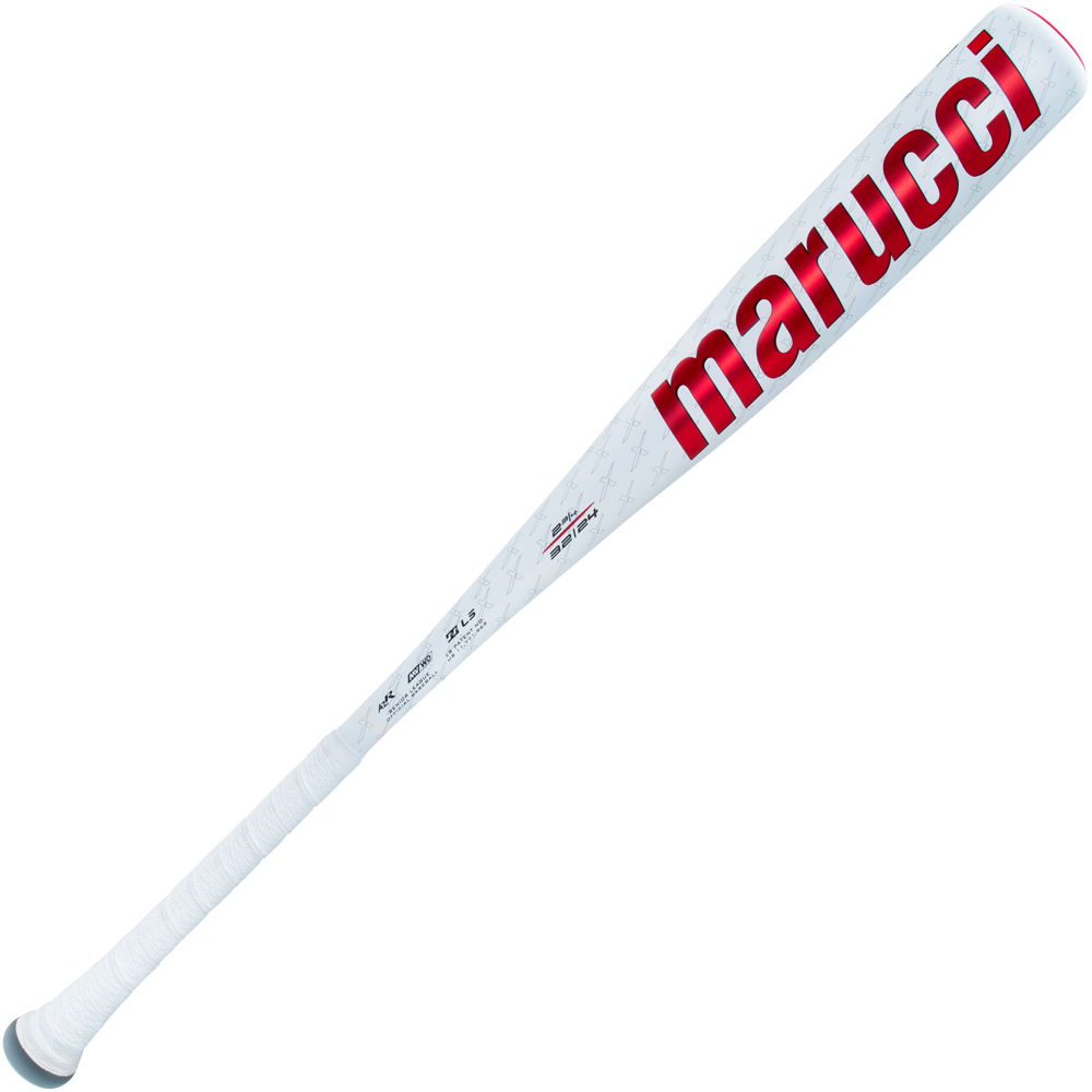 The 2025 Marucci CATX2 (-8) 2 3/4" USSSA Baseball Bat (MSBCX28 DEMO) is shown angled, displaying a white finish, red Marucci branding, a tapered handle with white grip tape, and durable one-piece alloy construction.