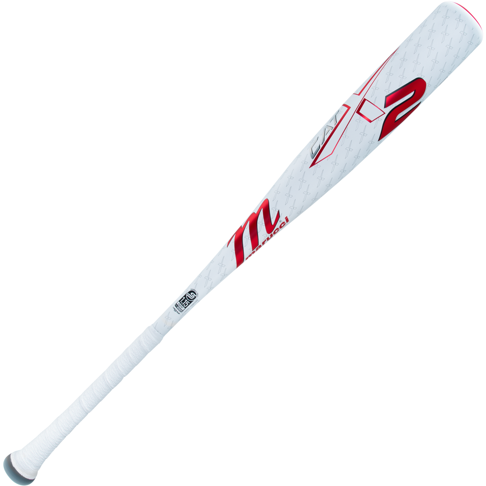 The 2025 Marucci CATX2 (-8) USSSA Baseball Bat (MSBCX28 DEMO) features a white design with red and black accents, “M” and “2” barrel markings, one-piece alloy construction, and a comfortable textured grip.