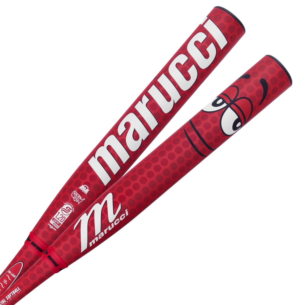 Two red 2025 Marucci Chocolate Crush 12" BH Load Slowpitch Softball Bats with white logos, a hexagonal pattern, and a frowning cartoon face feature DisRupt Barrel technology for enhanced performance.