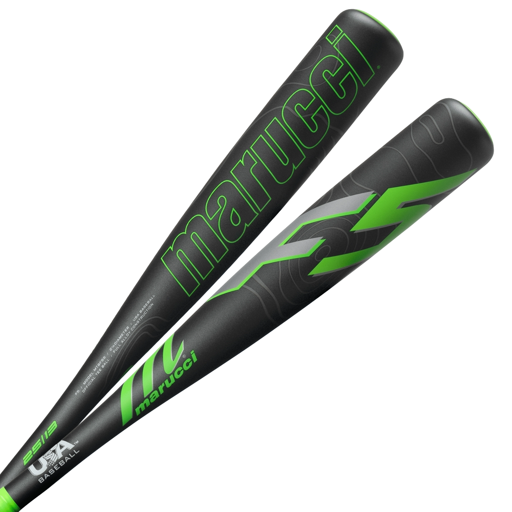 Two black 2026 Marucci F5 (-12) 2 1/4″ USA Tee Ball Baseball Bats (model MTBF55) featuring bold, modern green graphics and the prominent Marucci logo. These bats are constructed from durable one-piece alloy for reliable performance and showcase “marucci” written in large green letters along the side.